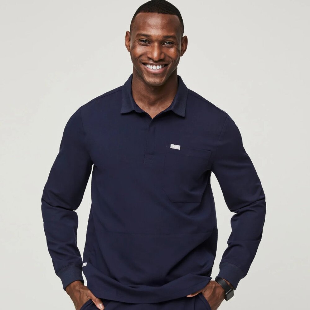 Figs Navy Blue Long sleeve Polo scrub shirt, Mens SMALL